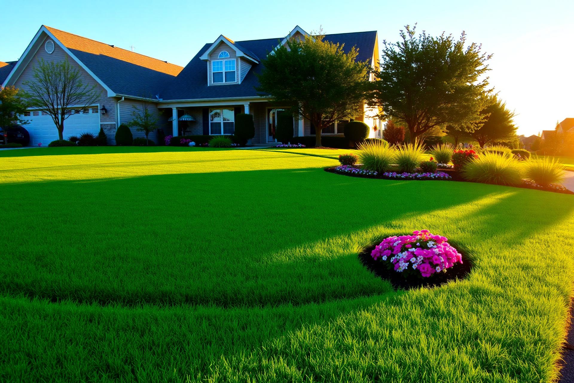 Beautiful manicured residential lawn at golden hour