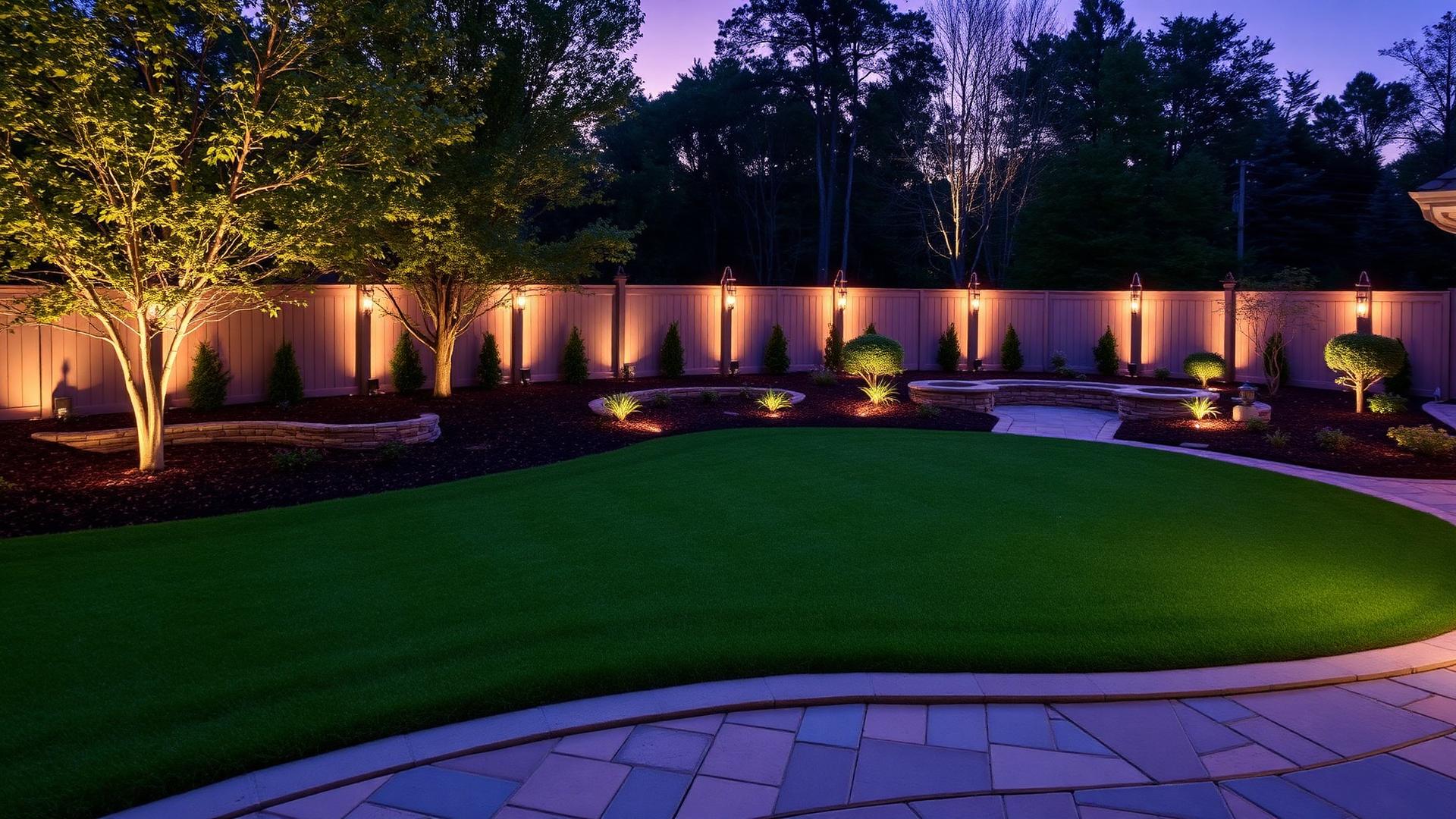 Beautifully landscaped backyard at dusk